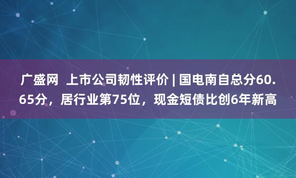 广盛网  上市公司韧性评价 | 国电南自总分60.65分，居行业第75位，现金短债比创6年新高